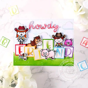 Sunny Studio Howdy Friend Cowboy, Cowgirl, Horse & Pig with Blocks Toy Story Inspired Card using Barnyard Buddies Stamps