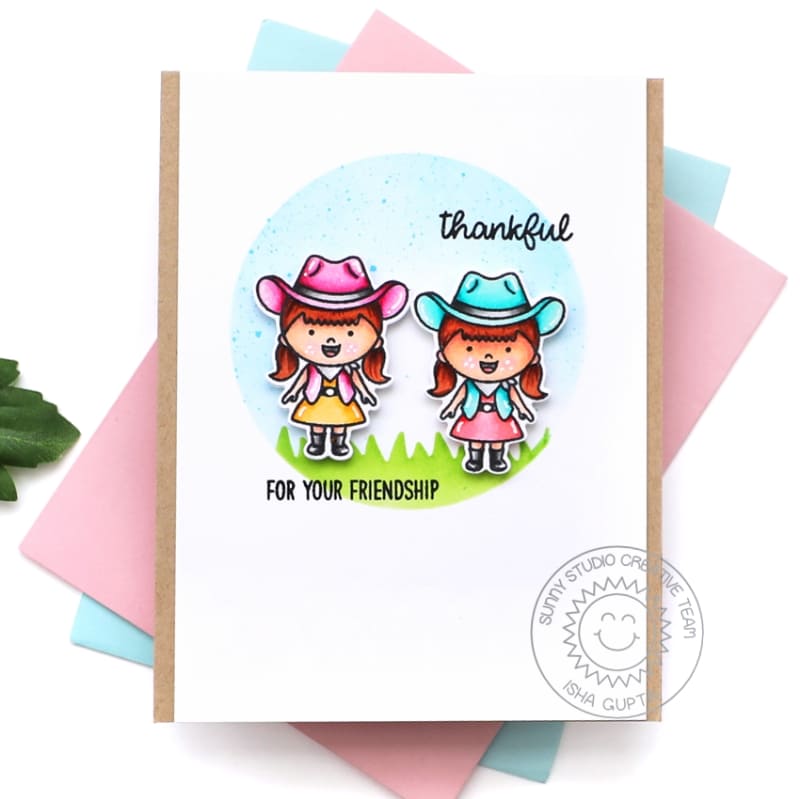 Sunny Studio Clean & Simple CAS Cowgirls Thankful For Your Friendship Friend Card (using Little Buckaroo 2x3 Clear Stamps)
