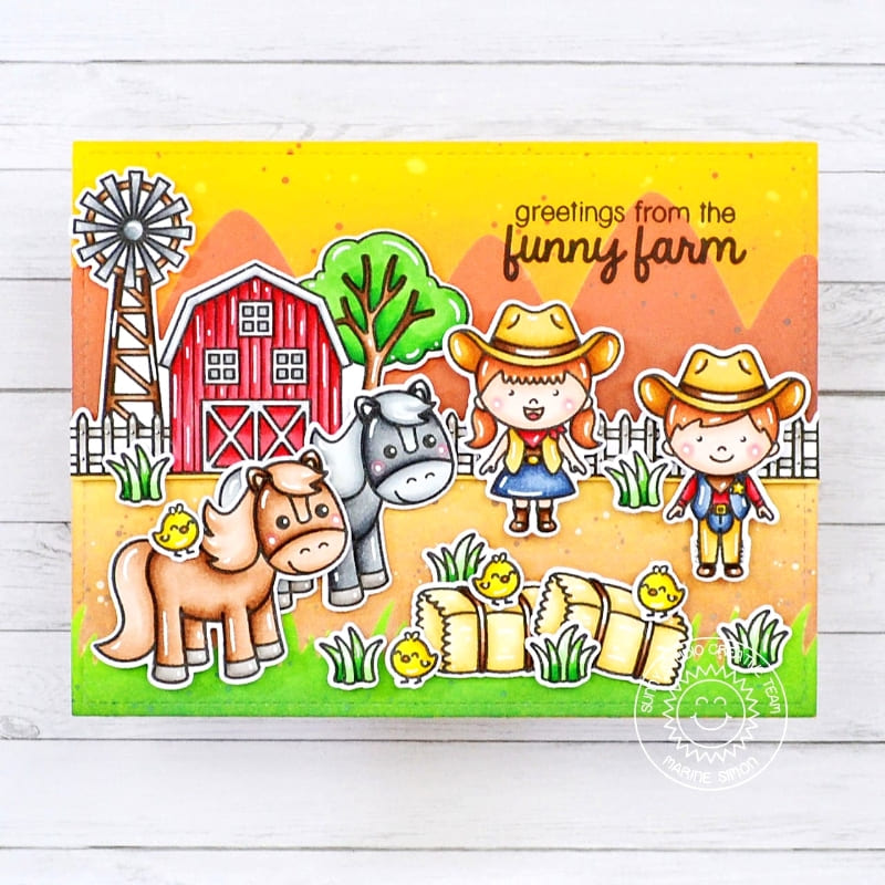 Sunny Studio Cowboy, Cowgirl, Horses, Chicks & Barn Greetings From the Funny Farm Card using Little Buckaroo Clear Stamps