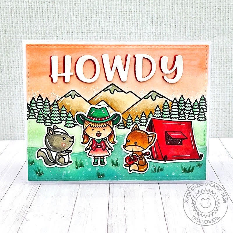 Sunny Studio Cowgirl with Critters Camping in the Woods Howdy Summer Card (using Little Buckaroo 2x3 Clear Stamps)