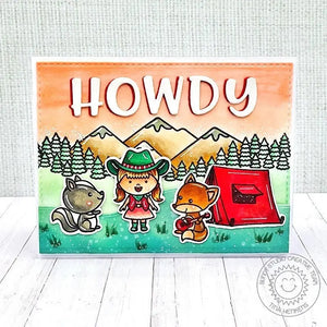 Sunny Studio Cowgirl with Skunk & Fox Camping in the Woods Howdy Summer Card (using Critter Campout 4x6 Clear Stamps)