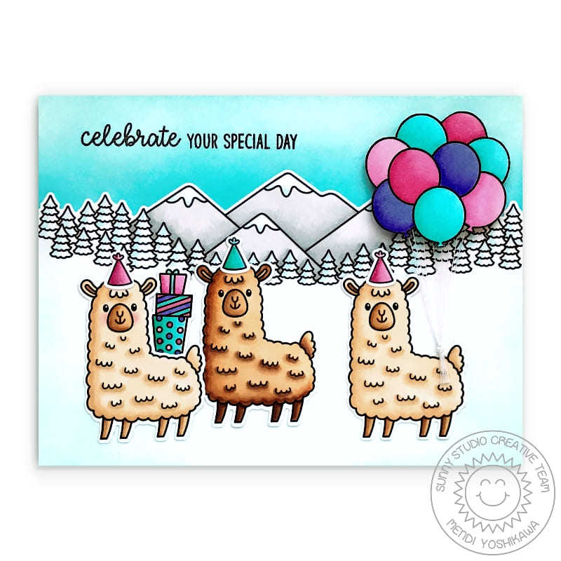 Sunny Studio Celebrate Llama Alpaca Party in the Swiss Alps with Balloons Birthday Card using Winter Scenes 2x3 Clear Stamps