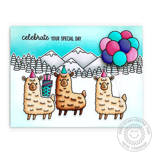 Sunny Studio Celebrate Your Special Day Party in Swiss Alps with Balloons Birthday Card using Lovable Llama 2x3 Clear Stamps