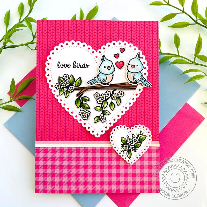 Sunny Studio Hot Pink Gingham Scalloped Heart Valentine's Day Love-Themed Bird Card using Love Birds 3x4 Clear Stamps