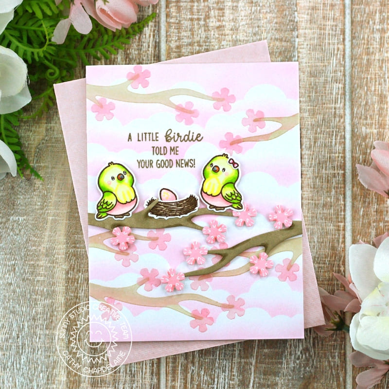 Sunny Studio Stamps Love Birds A Little Birdie Told Me Your Good News Cherry Blossoms Tree Branch New Parents Pregnancy Card