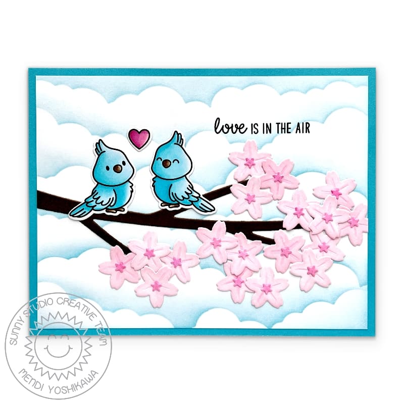 Sunny Studio Love Is In The Air Birds on Cherry Blossoms Tree Branch Valentine's Day Card using Love Birds 3x4 Clear Stamps