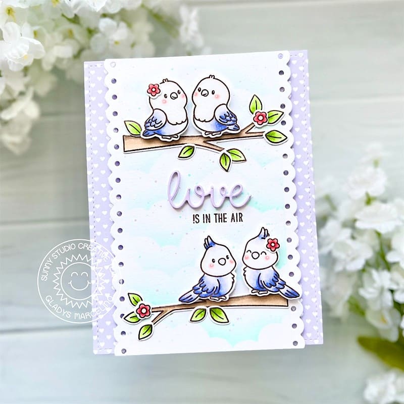 Sunny Studio Love Is In The Air Birds on Tree Branches Lavender Heart Valentine's Day Card using Love Birds 3x4 Clear Stamps