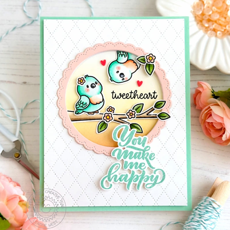 Sunny Studio You Make Me Happy Tweetheart Punny Birdies with Tree Branch Quilted Card using Love Birds Clear Craft Stamps