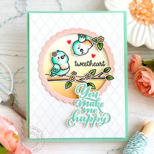 Sunny Studio Stamps You Make Me Happy Love Birds on Tree Branch Quilted Card using Dotted Diamond Portrait Metal Craft Dies