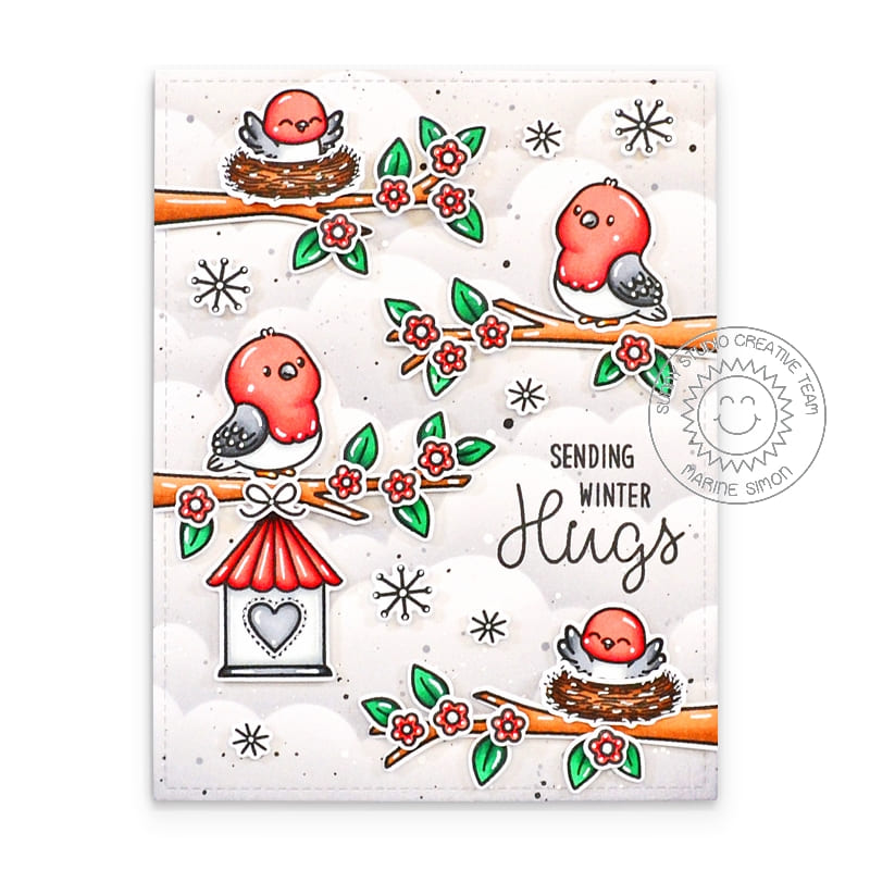 Sunny Studio Sending Winter Hugs Red Cardinals with Tree Branches, Birdhouse & Nest Card using Love Birds Clear Craft Stamps