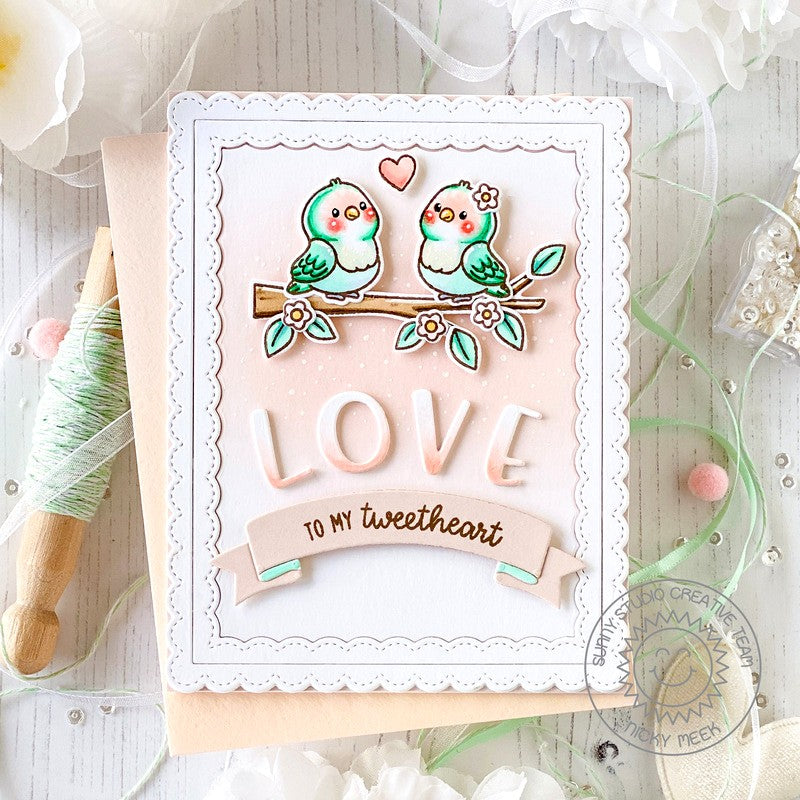 Sunny Studio Love To My Tweetheart Birds on Tree Branch Peach Scalloped Valentine's Day Card using Love Birds Clear Stamps