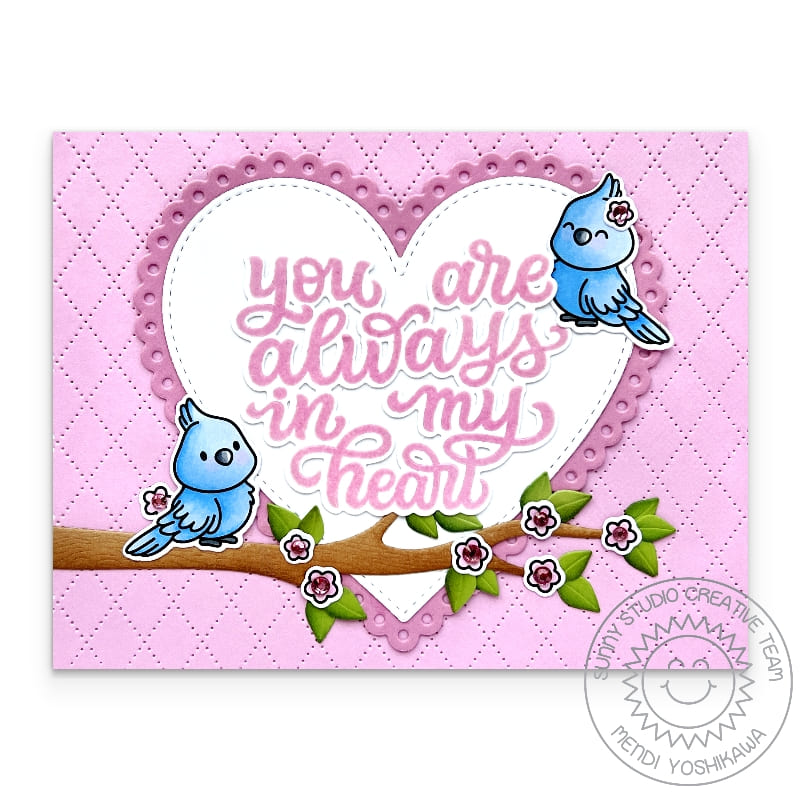 Sunny Studio Birds with Tree Branch Scalloped Love Themed Valentine's Day Card using My Heart Clear Script Sentiment Stamps