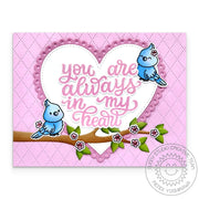 Sunny Studio Stamps Birds with Tree Branch Scalloped Heart Valentine's Day Card using Dotted Diamond Landscape Background Die