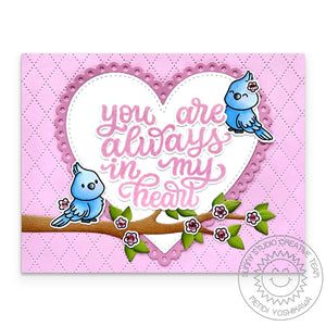 Sunny Studio Stamps You Are Always In My Heart Birds with Tree Branch Scalloped Valentine's Day Card using Pink Spinel Jewels