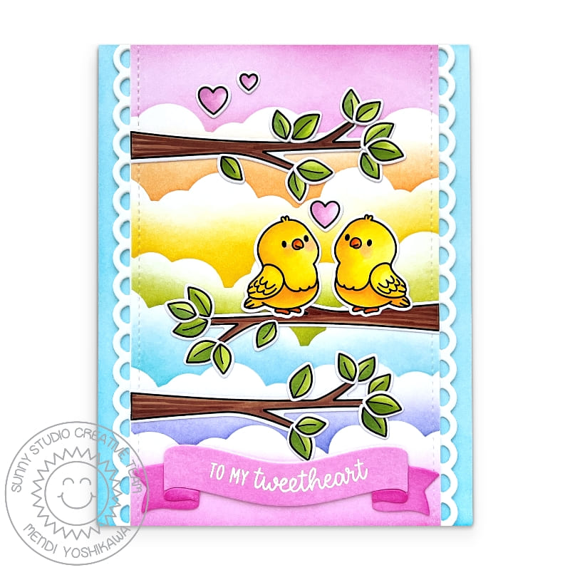 Sunny Studio To My Tweetheart Birds on Tree Branches with Rainbow Clouds Valentine's Day Card using Love Birds Clear Stamps
