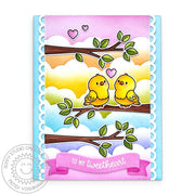 Sunny Studio Stamps Birds on Tree Branches with Rainbow Clouds Valentine's Day Card using Fluffy Cloud Border Dies as Stencil