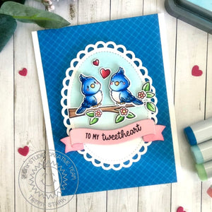 Sunny Studio Stamps For My Tweetheart Punny Bird Scalloped Oval Valentine's Day Card using Love Birds 3x4 Clear Stamps