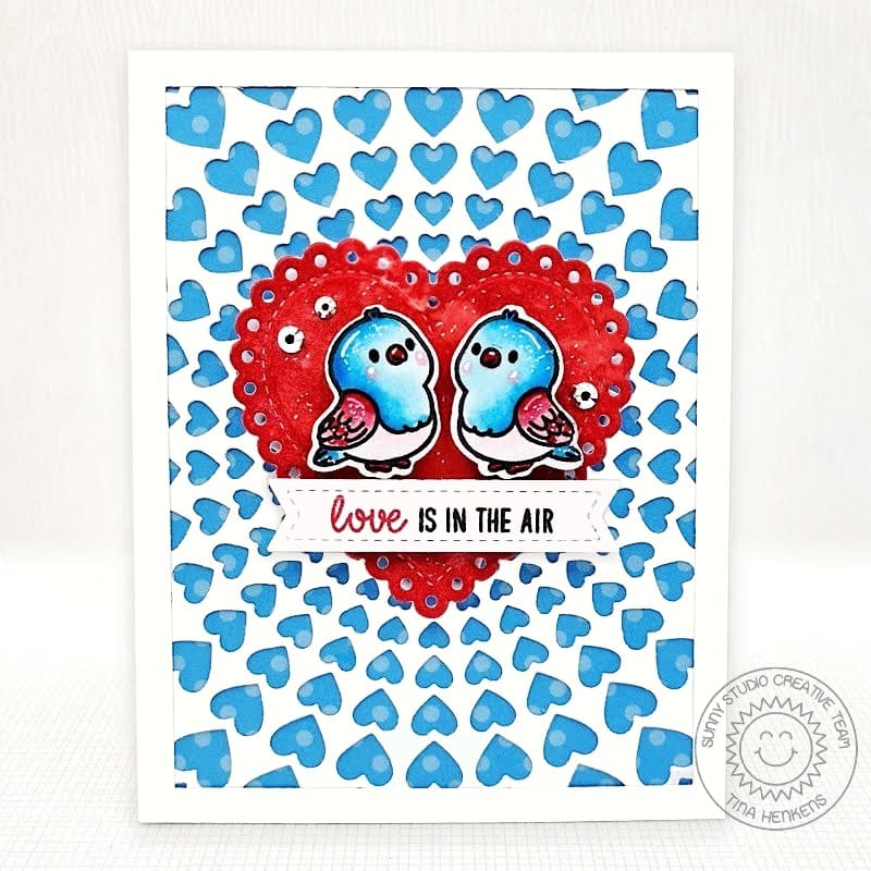Sunny Studio Love Is In The Air Birds Framed by Bursting Heart Background Valentine's Day Card using Love Birds Clear Stamps