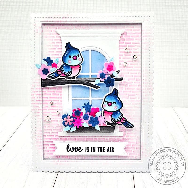 Sunny Studio Love Is In The Air Birds Sitting on Branch in Front of Window Valentine's Day Card using Love Birds Clear Stamps