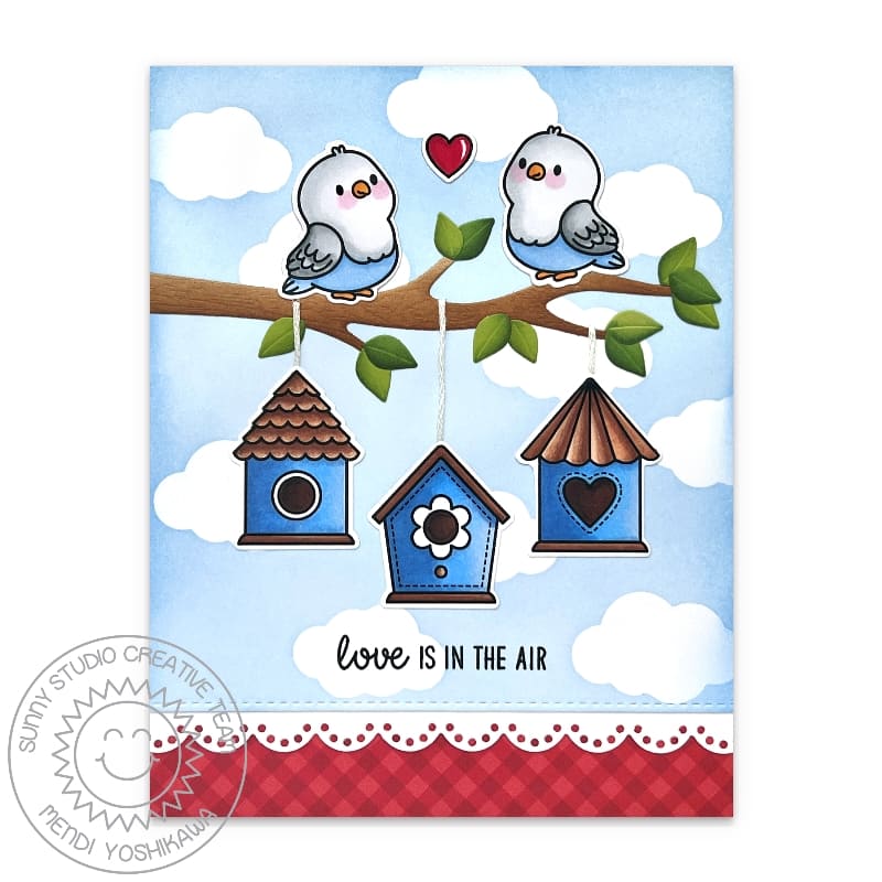 Sunny Studio Love Is In The Air Birds on Tree Branch Red Gingham Scalloped Valentine's Day Card using Love Birds Clear Stamps