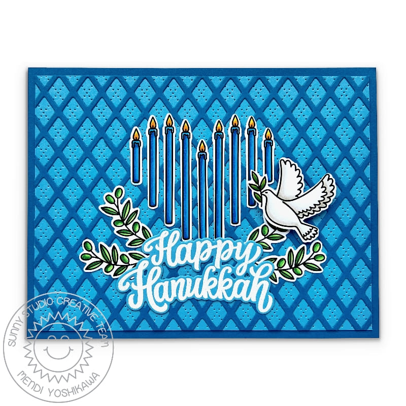Sunny Studio Stamps Heart Shape Menorah Candles & Dove with Olive Branch Argyle Hanukkah Card using Frilly Frames Lattice Die