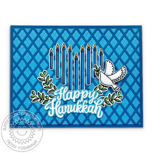 Sunny Studio Stamps Heart Shape Menorah Candles & Dove with Olive Branch Argyle Hanukkah Card using Frilly Frames Lattice Die