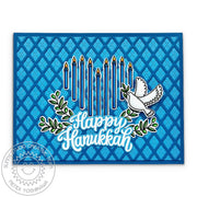 Sunny Studio Happy Hanukkah Heart Shaped Menorah Candles & Dove with Olive Branch Argyle Card using Love & Light Clear Stamps