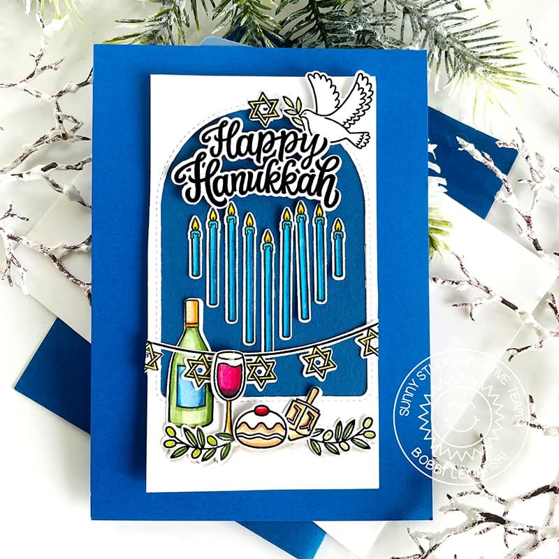 Sunny Studio Happy Hanukkah Heart Shaped Menorah Candles, Dove, Wine & Dreidel Arched Card using Love & Light Clear Stamps