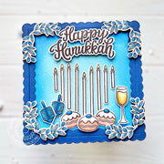 Sunny Studio Heart Shaped Menorah Candles & Olive Branch Blue Scalloped Square Hanukkah Card using Love & Light Clear Stamps