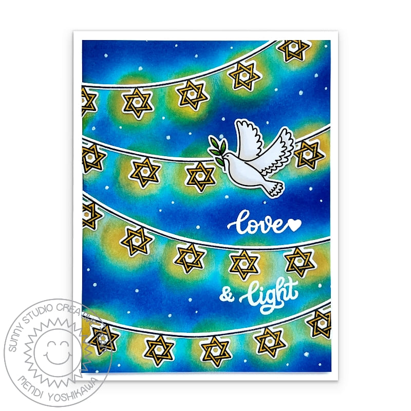 Sunny Studio Glowing Star of David Banners with Dove Carrying Olive Branch Hanukkah Card (using Love & Light Clear Stamps)