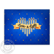 Sunny Studio Love & Light Heart Shaped Candles Menorah Blue & Gold Hanukkah Card using Dotted Diamond Landscape Cutting Die