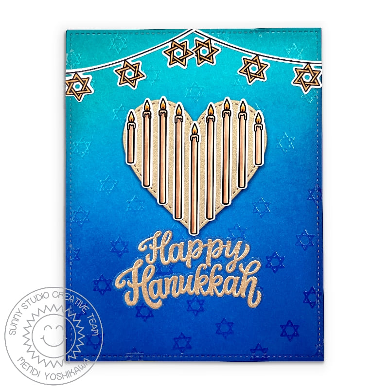 Sunny Studio Happy Hanukkah Heart Menorah with Star of David Banner Blue & Gold Card (using Love & Light Clear Stamps)