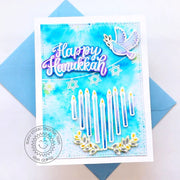 Sunny Studio Happy Hanukkah Heart Shaped Menorah Candles & Dove Aqua Blue Watercolor Card using Love & Light Clear Stamps