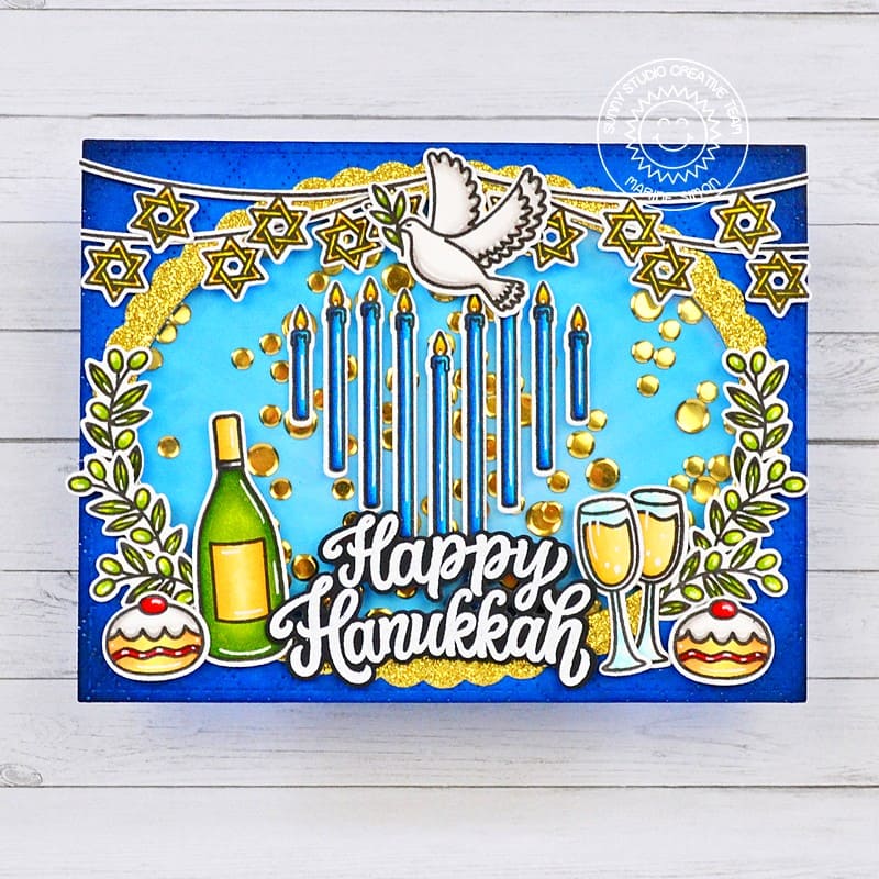 Sunny Studio Happy Hanukkah Heart Shaped Menorah Candles, Dove & Wine Confetti Shaker Card using Love & Light Clear Stamps