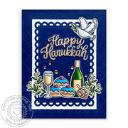 Sunny Studio Dove with Olive Branch, Wine Bottle, Glass, Pastries & Dreidel Hanukkah Card (using Love & Light Clear Stamps)