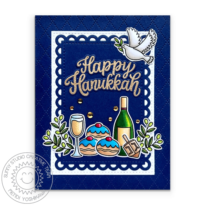 Sunny Studio Dove with Olive Branch, Wine Bottle, Glass, Pastries & Dreidel Hanukkah Card (using Dotted Diamond Portrait Die)