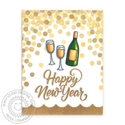 Sunny Studio Champagne Bottle & Wine Glasses Happy New Year's Metallic Gold Confetti Card (using Love & Light Clear Stamps)