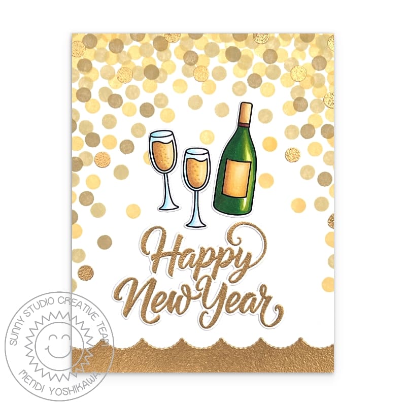 Sunny Studio Champagne Bottle & Wine Glasses Happy New Year's Metallic Gold Confetti Card (using Holiday Greetings Stamps)