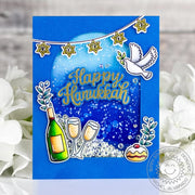 Sunny Studio Dove with Star of David Banner, Wine Bottle & Glasses Shaker Happy Hanukkah Card using Love & Light Clear Stamps