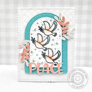 Sunny Studio Peach & Teal 3 Doves with Arched Frame Peace Holiday Card using Love & Light Hanukkah 4x6 Clear Stamps