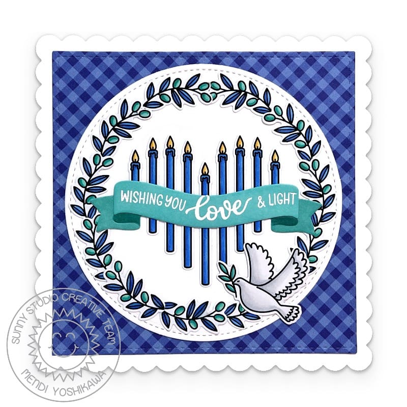 Sunny Studio Wishing You Love & Light Heart Menorah Blue Hanukkah Card using Build-a-Greeting Holidays Clear Craft Stamps