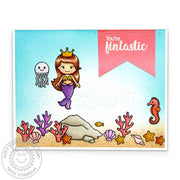 Sunny Studio You're Fintastic Mermaid with Jellyfish & Seahorse Summer Ocean Card using Magical Mermaids Clear Craft Stamps