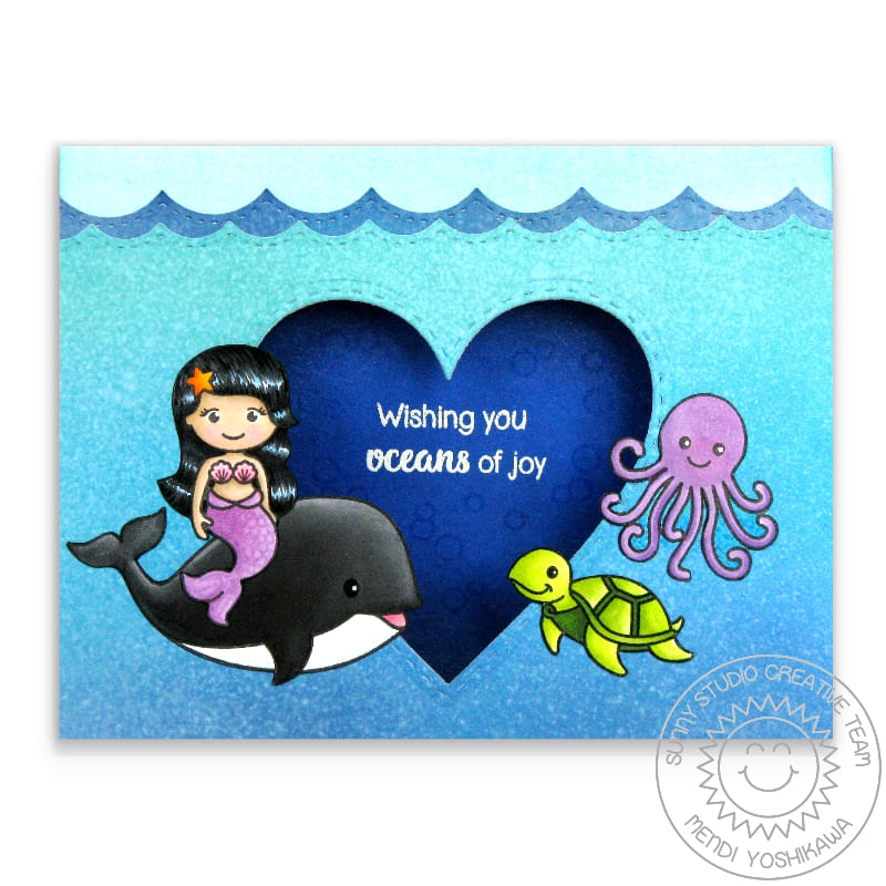 Sunny Studio Mermaid with Whale, Octopus & Turtle With Heart Window Summer Card using Oceans of Joy 4x6 Clear Stamps