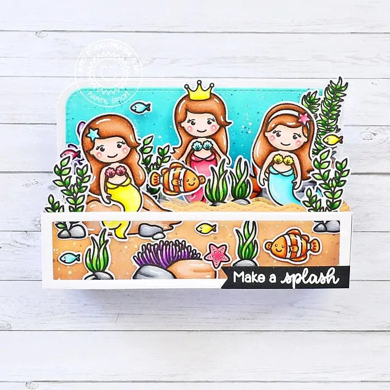 Sunny Studio Make A Splash Mermaid & Fish Ocean Themed  Pop-up Box Summer Card (using Magical Mermaids 4x6 Clear Stamps)