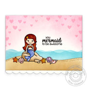 Sunny Studio Stamps Punny Mermaid Sitting On Rock On Beach with Seashells Card using Stitched Scalloped Border Metal Cutting Dies