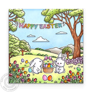 Sunny Studio Spring Bunnies with Easter Banner & Basket Egg Hunt Scene Card using Majestic Meadow 6x6 Background Clear Stamps