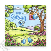 Sunny Studio Bluebirds Birds with Birdhouse Scene Happy Spring Square Card using Majestic Meadow 6x6 Background Clear Stamps