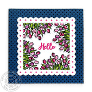 Sunny Studio Hot Pink & Navy Blue Tulips Scalloped Square Spring Hello Card using Majestic Meadow 6x6 Background Clear Stamps