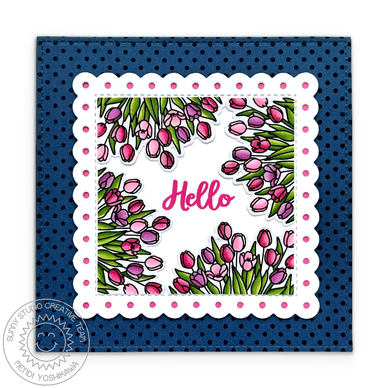 Sunny Studio Hot Pink & Navy Blue Tulips Scalloped Square Spring Hello Card using Majestic Meadow 6x6 Background Clear Stamps