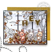 Sunny Studio Bunny Rabbit Birthday Gold Sequin Shaker Card using Majestic Meadow 6x6 Background Backdrop Clear Craft Stamps